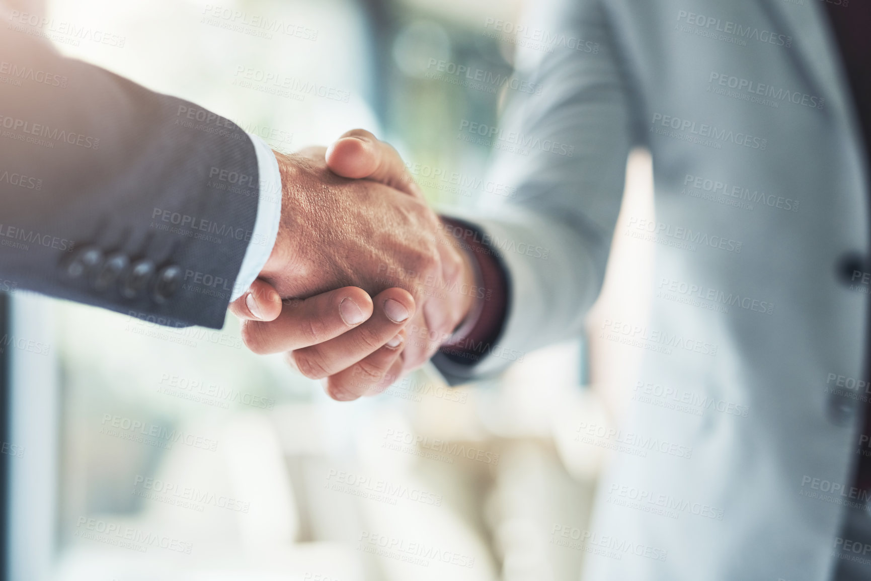 Buy stock photo Partnership, handshake and business people in office for deal, welcome or onboarding for b2b collaboration. Meeting, teamwork and shaking hands for agreement, consulting or introduction with trust