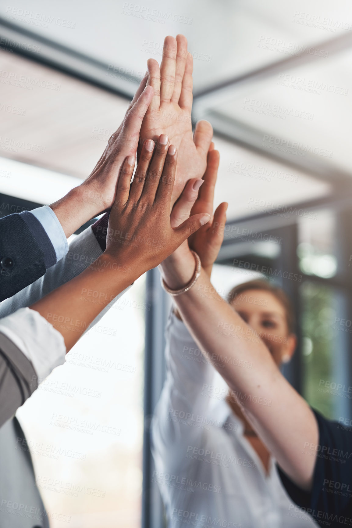 Buy stock photo Closeup, high five or hands of business people for winning, support or meeting for corporate goals. Mission, group or partnership with success for teamwork, target or staff synergy for motivation