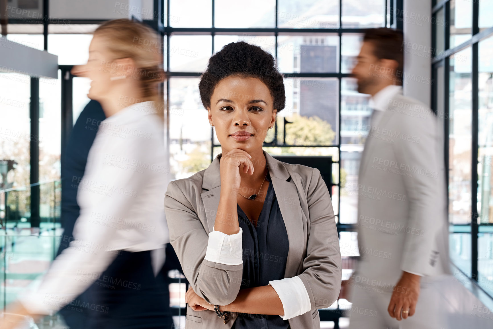 Buy stock photo African, thinking or portrait of business woman with confidence in agency, company or busy office. Work ideas, proud or manager in a professional career problem solving or brainstorming for solution