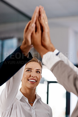 Buy stock photo Happy woman, teamwork or hands of business people high five in celebration of goals, mission or success. Partnership, smile or excited workers in office for motivation, solidarity or winning a deal