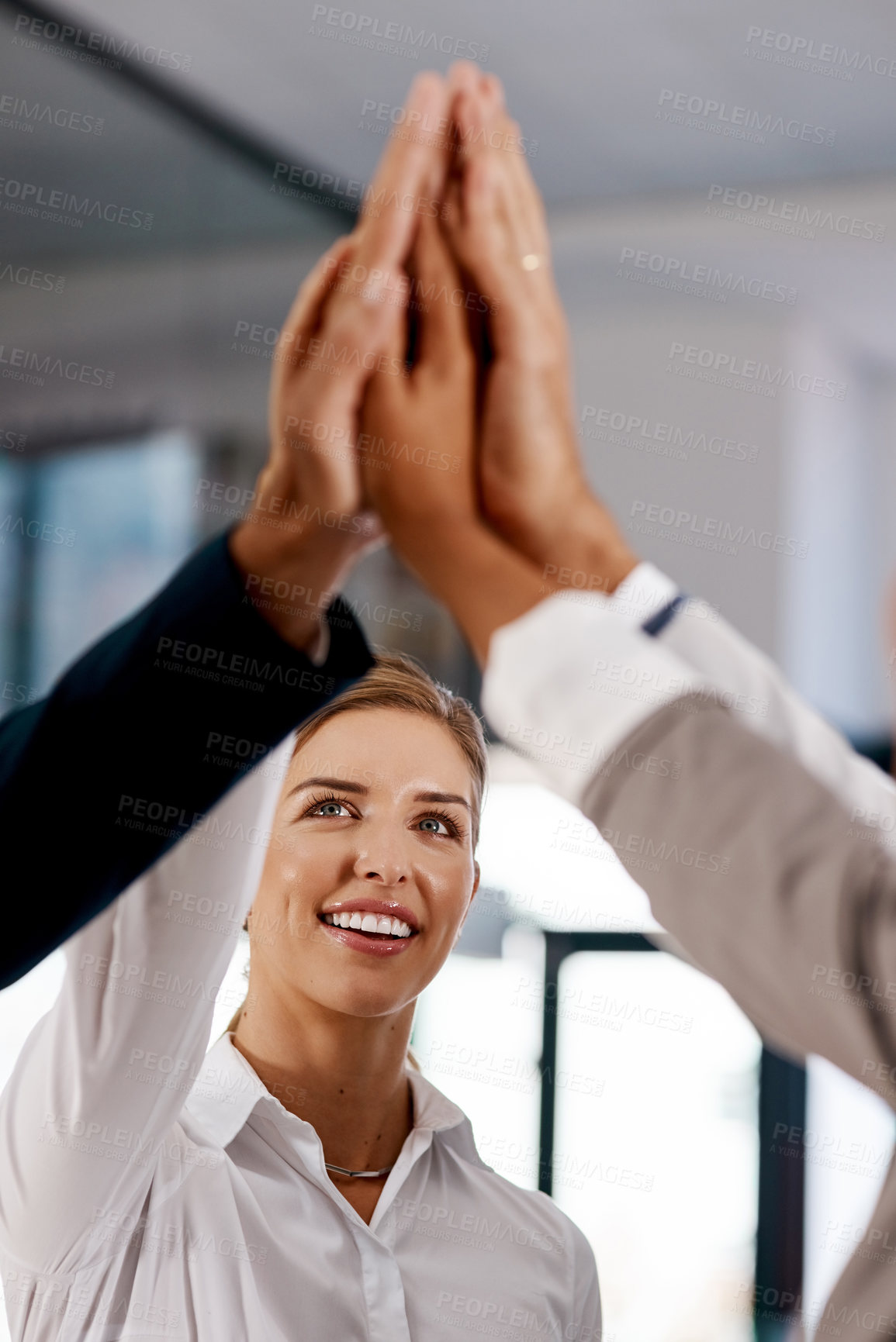 Buy stock photo Happy woman, teamwork or hands of business people high five in celebration of goals, mission or success. Partnership, smile or excited workers in office for motivation, solidarity or winning a deal