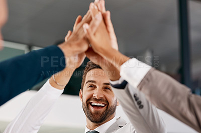 Buy stock photo Happy man, success or hands of business people high five in celebration of goals, target or teamwork. Partnership, smile or excited workers in office for motivation, solidarity or winning a deal 