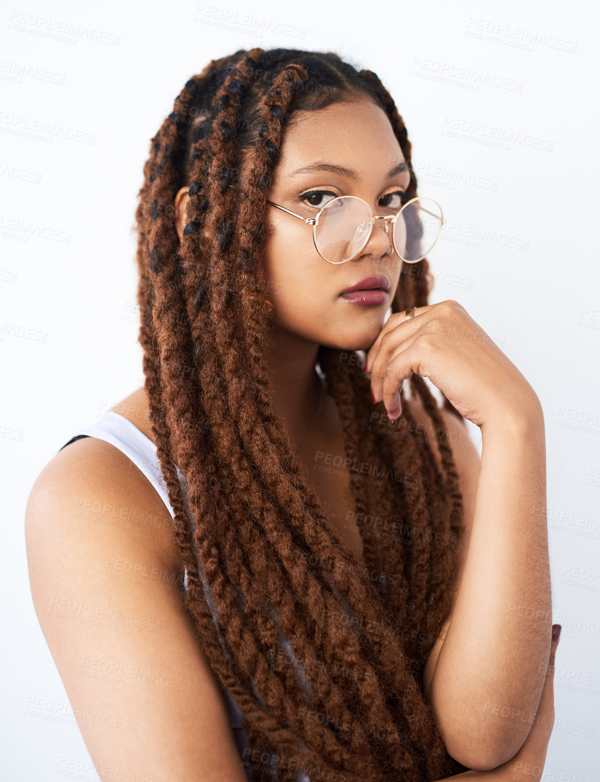 Buy stock photo African woman, beauty and hairstyle in studio with portrait and glasses for smart, intelligent and confident. Young model, student or person with braids and vision for education on white background