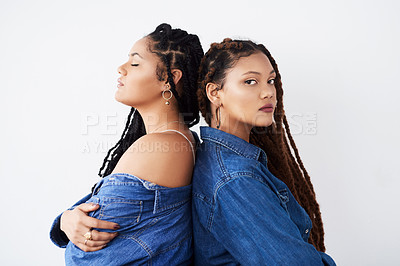 Buy stock photo Portrait, studio and lgbt women together with respect, trust or support with gen z partner, pride and denim fashion. Love, solidarity and lesbian couple with cool trendy style on white background