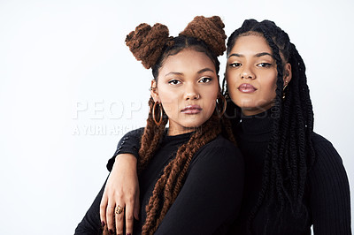 Buy stock photo Attitude, confident or portrait of black woman with sister in studio on white background for beauty. Braids, face and family with serious sibling people together for cosmetics, support or love