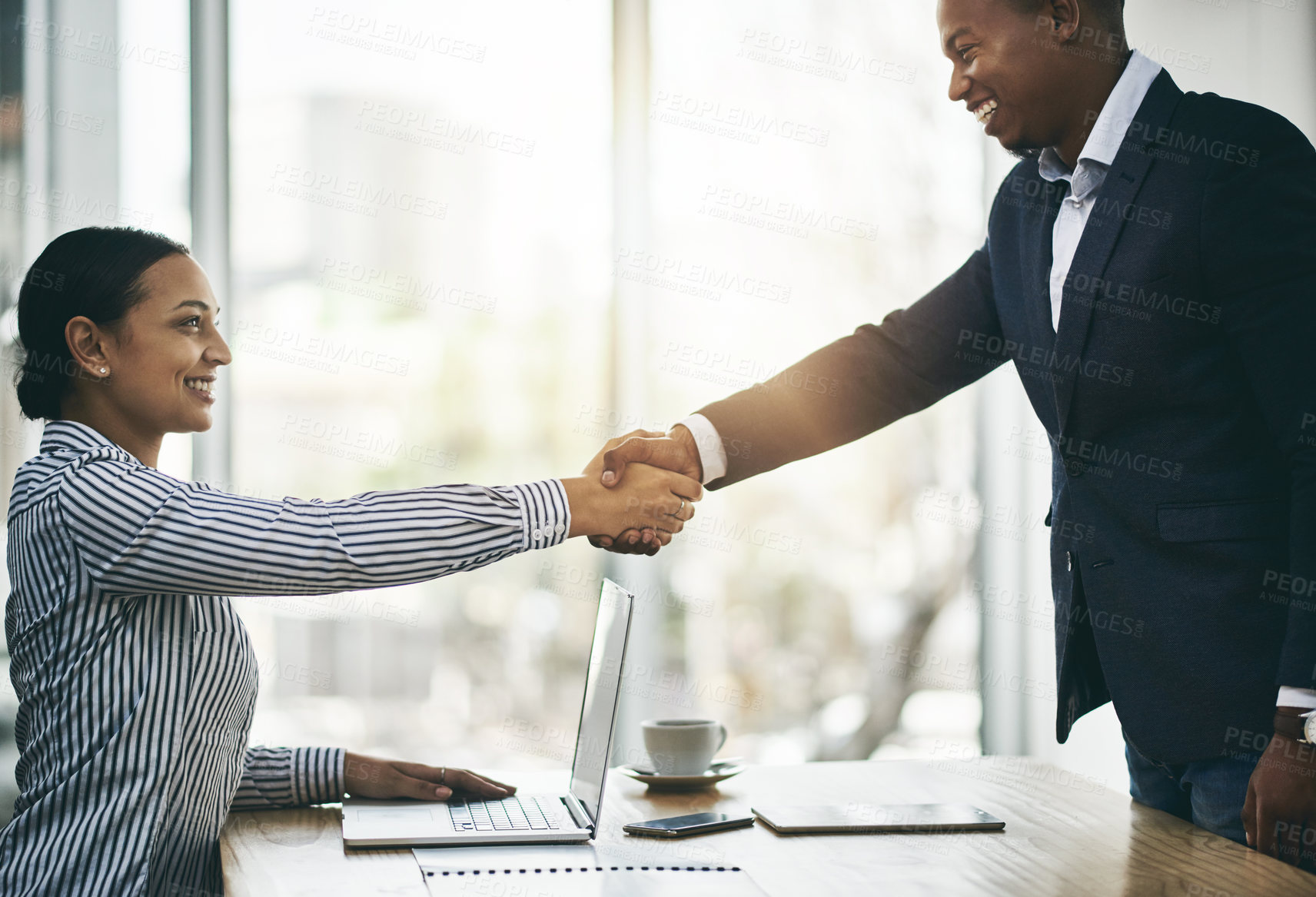 Buy stock photo Shaking hands, greeting and business people in office with partnership, agreement, b2b merger. Welcome, deal and hr manager handshake with hiring candidate for corporate onboarding in workplace.