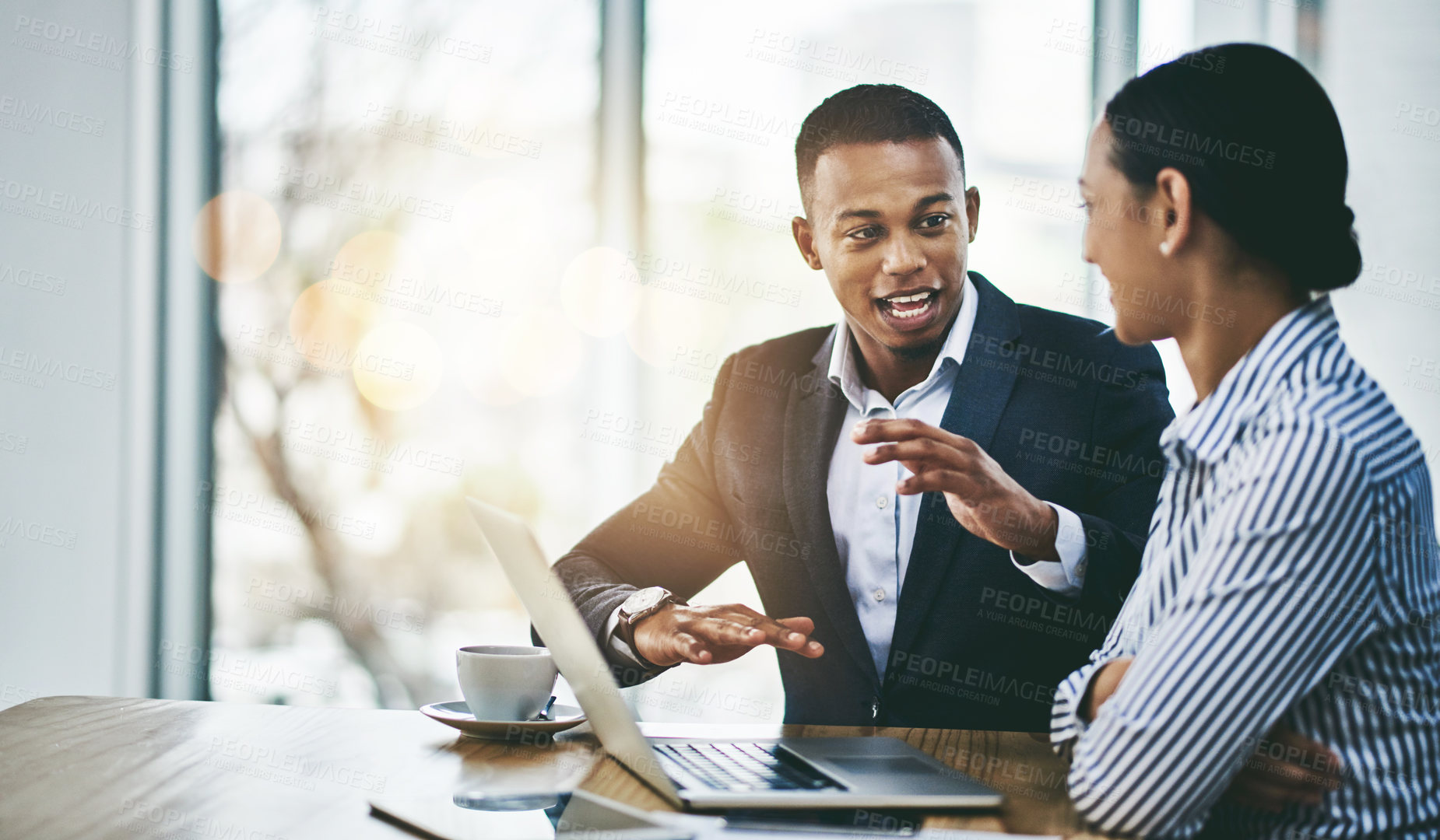 Buy stock photo Conversation, laptop and business people in office with teamwork for company budget planning. Deal, computer and financial advisors in collaboration working on stocks investment with revenue.