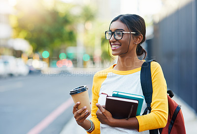 Buy stock photo City walk, books and happy woman, student or person on commute journey to university, college or high school. Sidewalk, education study and Indian girl smile for learning, studying or scholarship