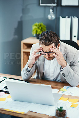 Buy stock photo Laptop, glasses and businessman with pain in office for tension, headache and anxiety in finance job. Top view, broker and frustrated with stress by tech for investment, mistake or stock market crash