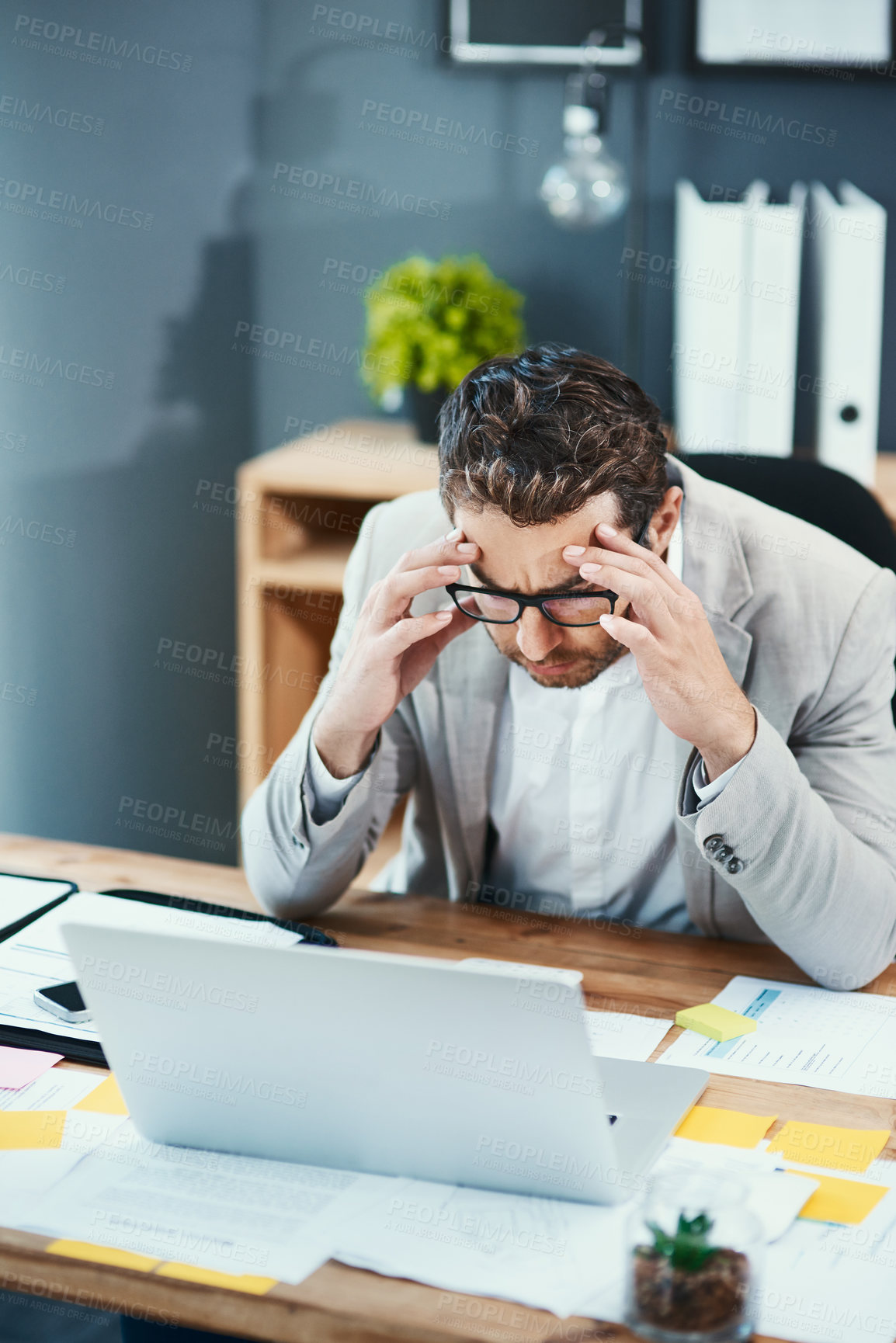 Buy stock photo Laptop, glasses and businessman with pain in office for tension, headache and anxiety in finance job. Top view, broker and frustrated with stress by tech for investment, mistake or stock market crash