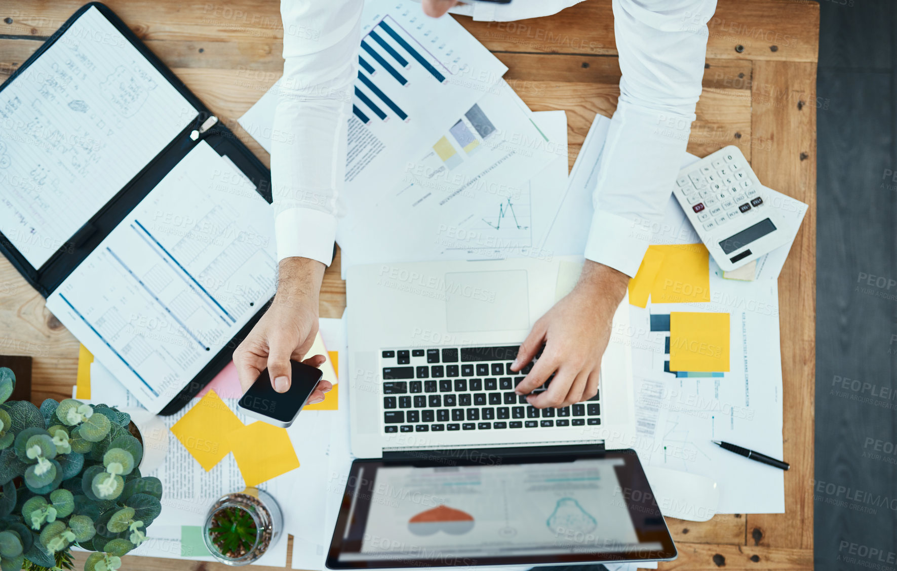 Buy stock photo Business person, paperwork and above with laptop for research, analytics and development at office. Top view of employee or analyst working on computer with documents in company finance or accounting