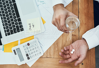 Buy stock photo Businessperson, laptop and pills with water above for medication, prescription or daily dosage at office. Top view of employee with mineral liquid and tablets for pharmaceutical or medical treatment