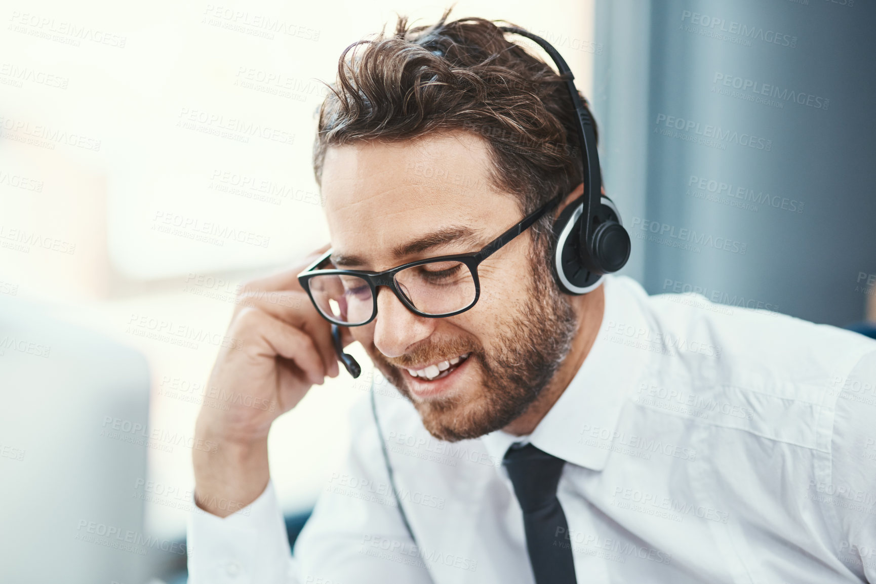 Buy stock photo Business, man and call centre with headset or talking, help desk and customer service or online advice. Tech support, telesales and network with microphone for communication, agent and consultation