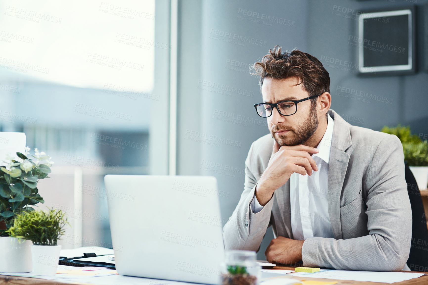 Buy stock photo Research, thinking and businessman with laptop in office for stock market, investment or feedback. Trading, broker and work with technology by desk for portfolio review, email or reading economy news