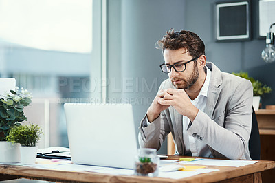 Buy stock photo Office, thinking and businessman with laptop by desk for investment, research and reading finance info. Financial planner, work and internet with technology for digital tax report, email and feedback