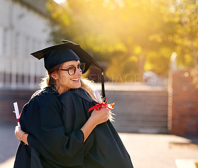 Buy stock photo Women, students and hug at graduation as college or university friends with achievement. Happy people outdoor to celebrate education goals, certificate of success or future at school event with pride