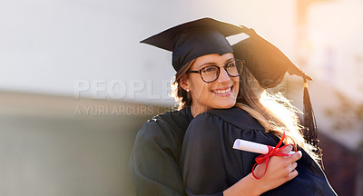 Buy stock photo Friends, students and hug at graduation with college or university women together. Happy people outdoor to celebrate education achievement, success and future goals at school event with mockup space