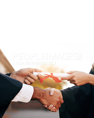 Buy stock photo University, graduation and handshake for diploma with ribbon, student and acceptance or academic achievement. Excellence, congratulations ceremony and education success, thank you or people milestone