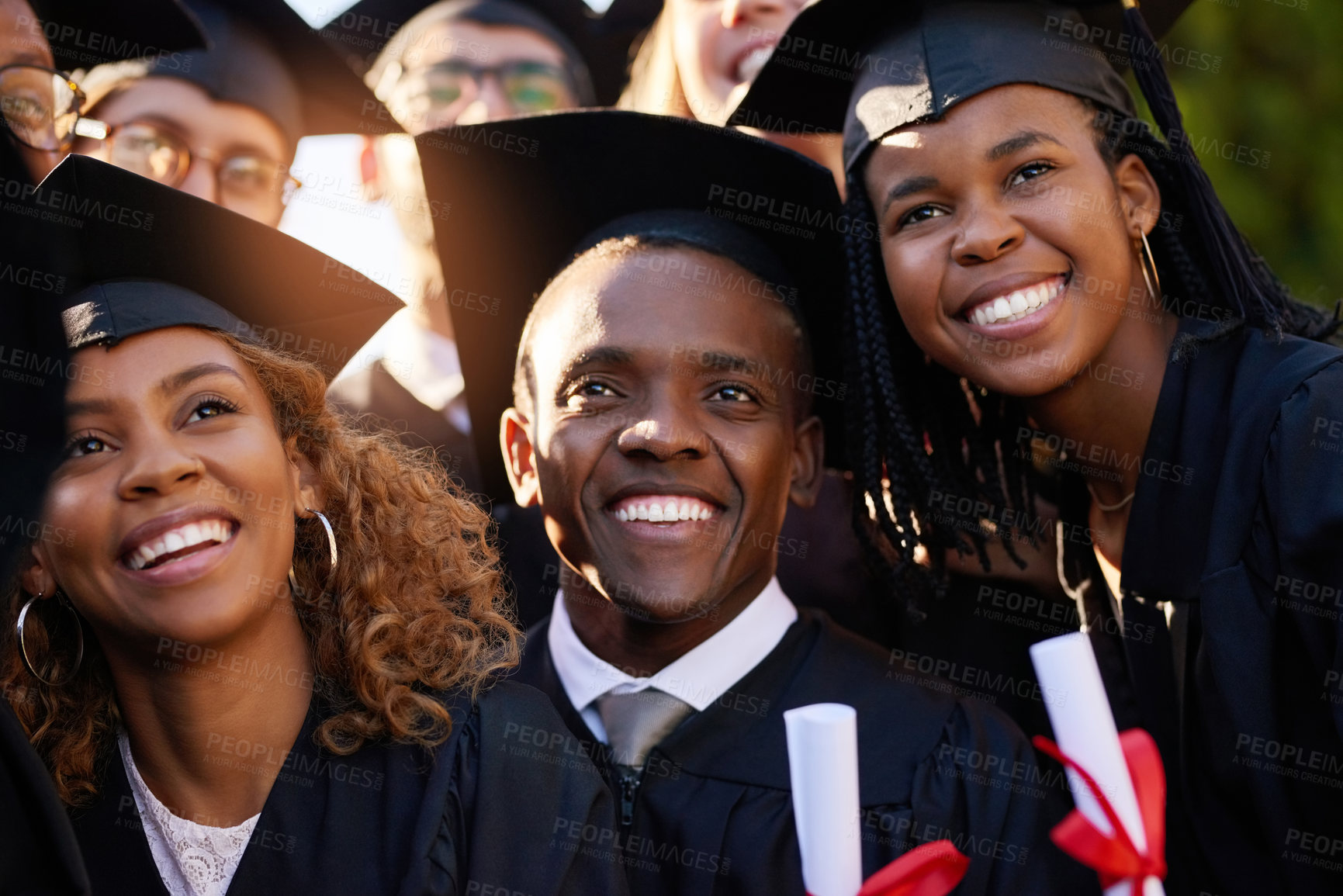 Buy stock photo Graduation, achievement or group of students with certificate at university for education, opportunity or success. College, scholarship or happy people at campus with degree, milestone or diploma