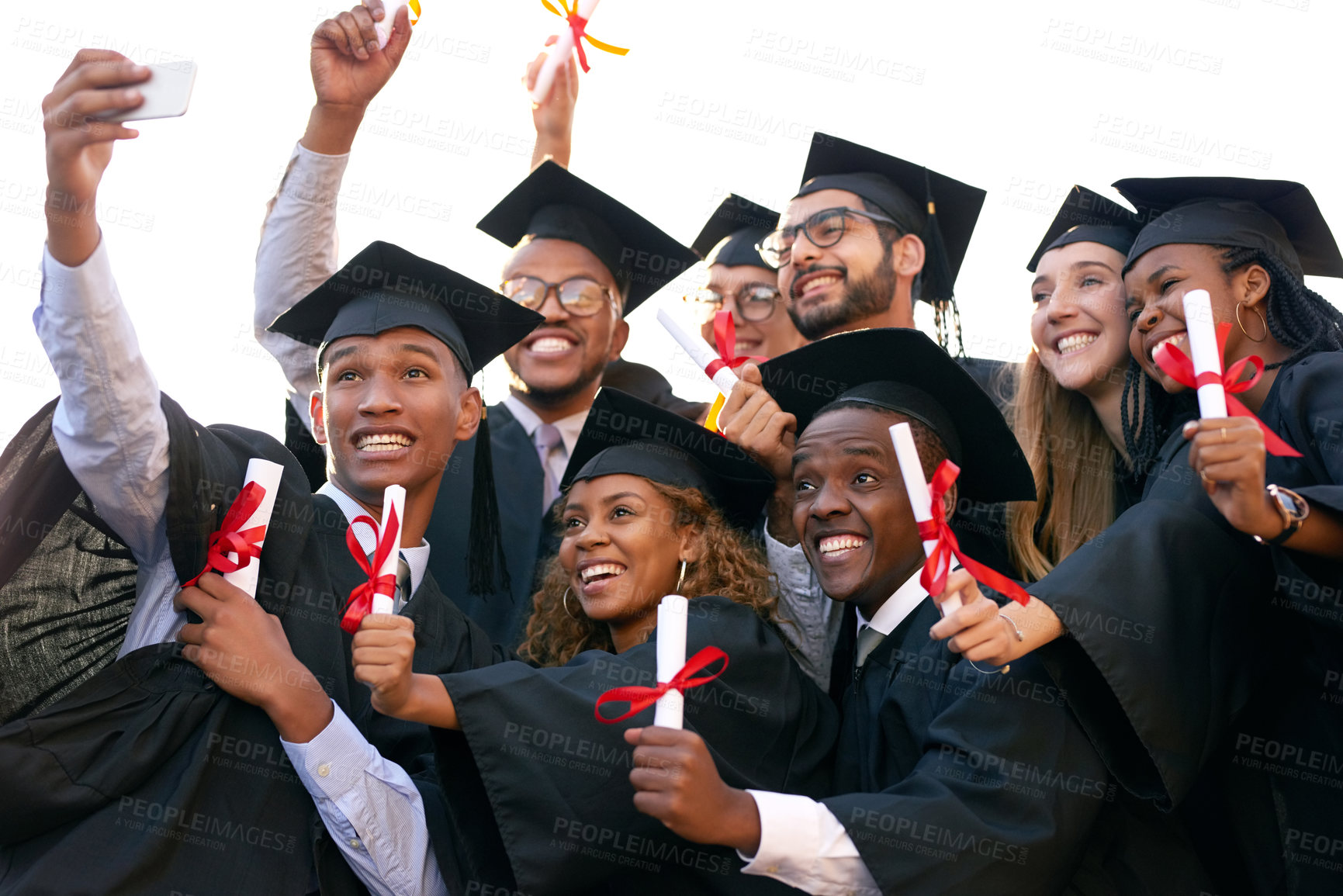 Buy stock photo Students, selfie and graduation or happy outside, memory and picture for graduate pride or diploma. Smile, people and university achievement or excited social media post, scholarship and celebration