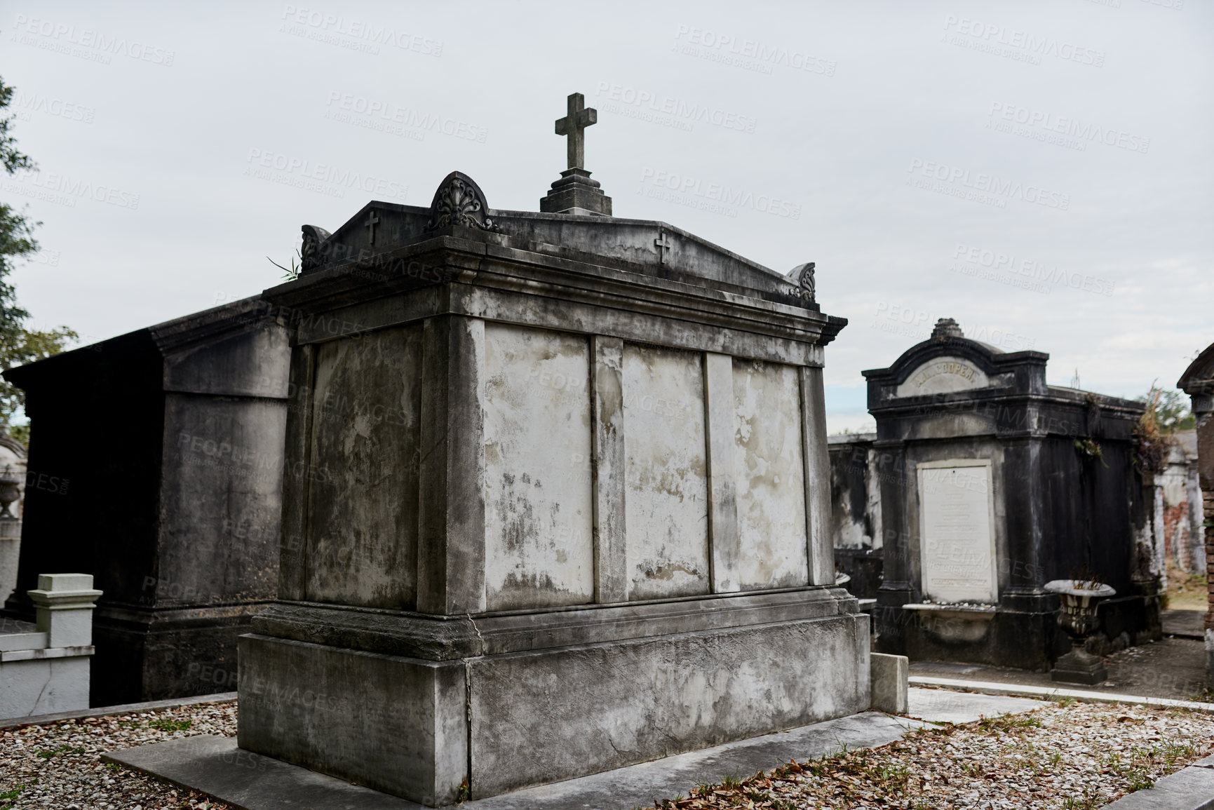 Buy stock photo Shot of tombstones in a graveyard