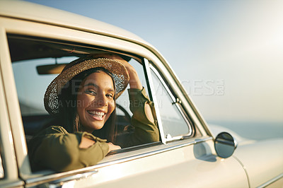 Buy stock photo Cropped shot of a woman out on a road trip