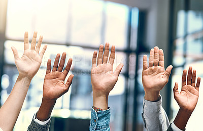 Buy stock photo Business people, worker hands and question in a office meeting with diversity and at work. Collaboration, teamwork and solidarity of staff with arms and hand raised in a workplace with company team