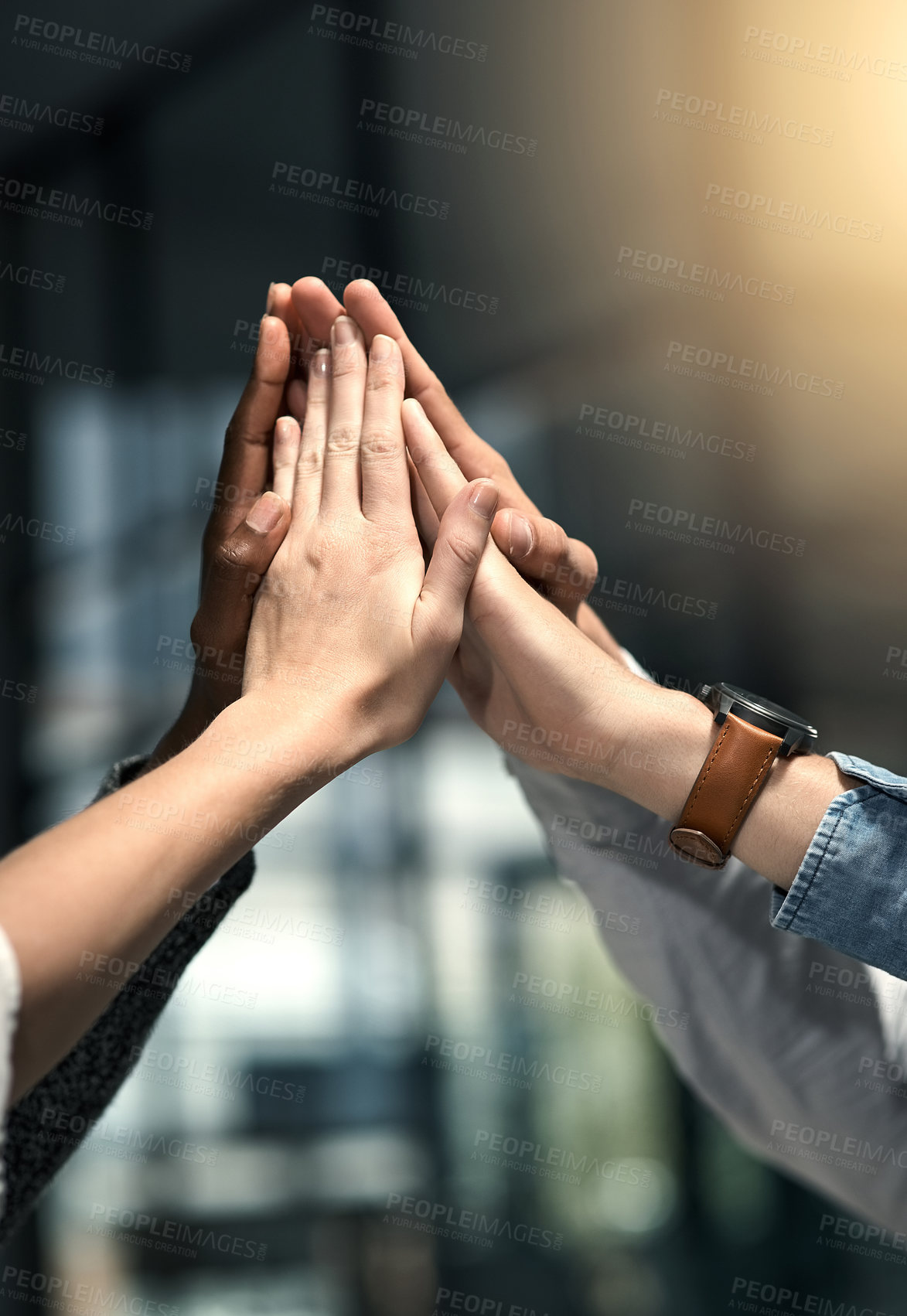 Buy stock photo Collaboration, business people and hands in office for high five, celebration or success for corporate project. Flare, employees or consultant in team for achievement, support or cheers for well done