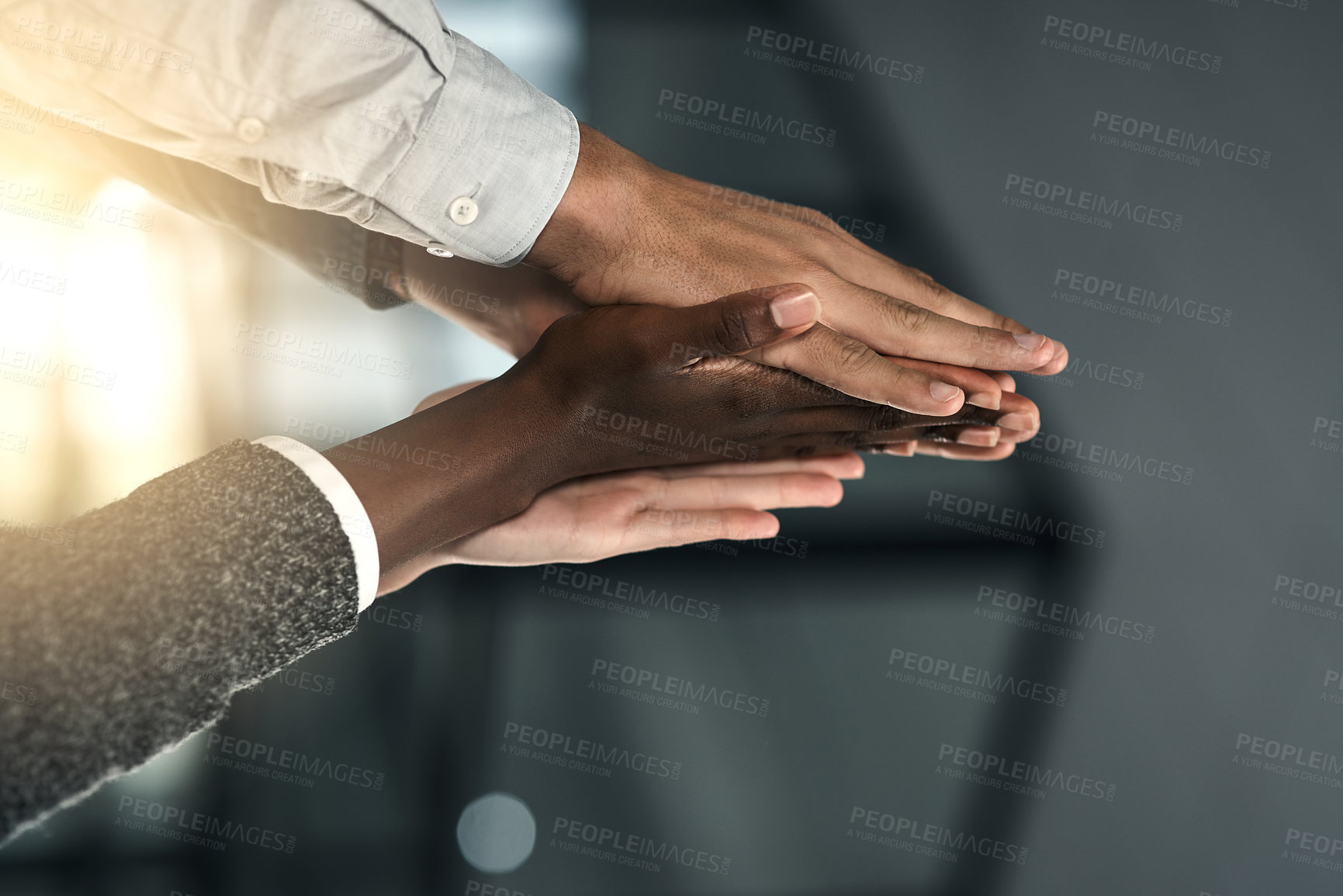 Buy stock photo Hands, employees and high five to celebrate in office, motivation and solidarity in team building. Business people, collaboration and community for teamwork planning, together and support in mission