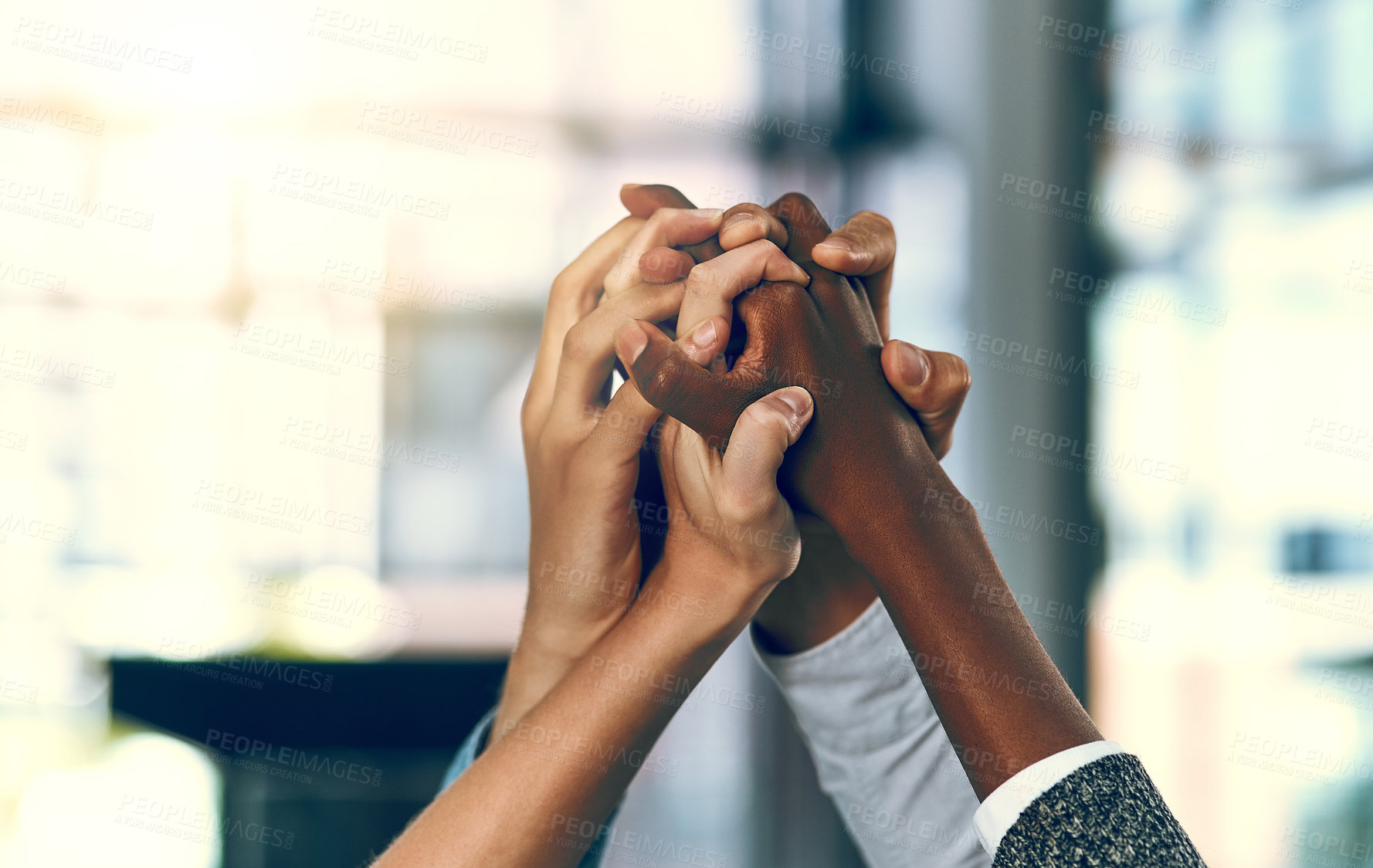 Buy stock photo Trust, business people and hands up in office for diversity, inclusion and acceptance for equal opportunity. Care, employees and celebration with solidarity for group, awareness and support for team