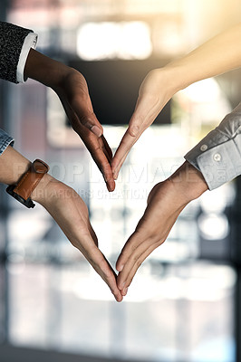 Buy stock photo Teamwork, arrow and hands of business people in office for collaboration, connection and support in company. Corporate, diversity and fingers of workers for agreement, cooperation and partnership