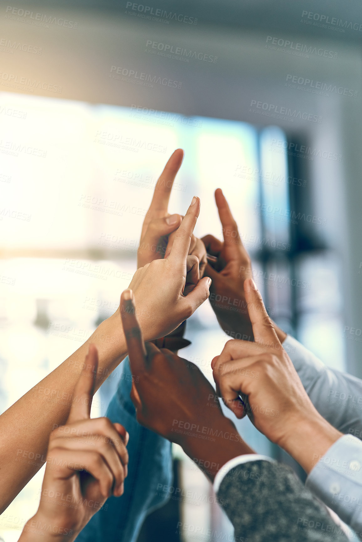 Buy stock photo Business people, hands and question session in office, feedback and emoji for brainstorming vote. Employees, team building and hand up for problem solving or solution, workshop and staff opinion