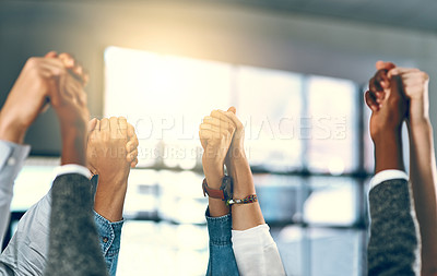 Buy stock photo Business people, holding hands and unity with meeting for teamwork, collaboration or diversity at office. Closeup or group of employees together in solidarity for inclusion or mission at workplace