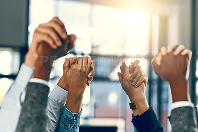 Buy stock photo Business people, hands up and holding in office for diversity, inclusion and acceptance for equal opportunity. Trust, employees and teamwork with solidarity for group, awareness and support for goals