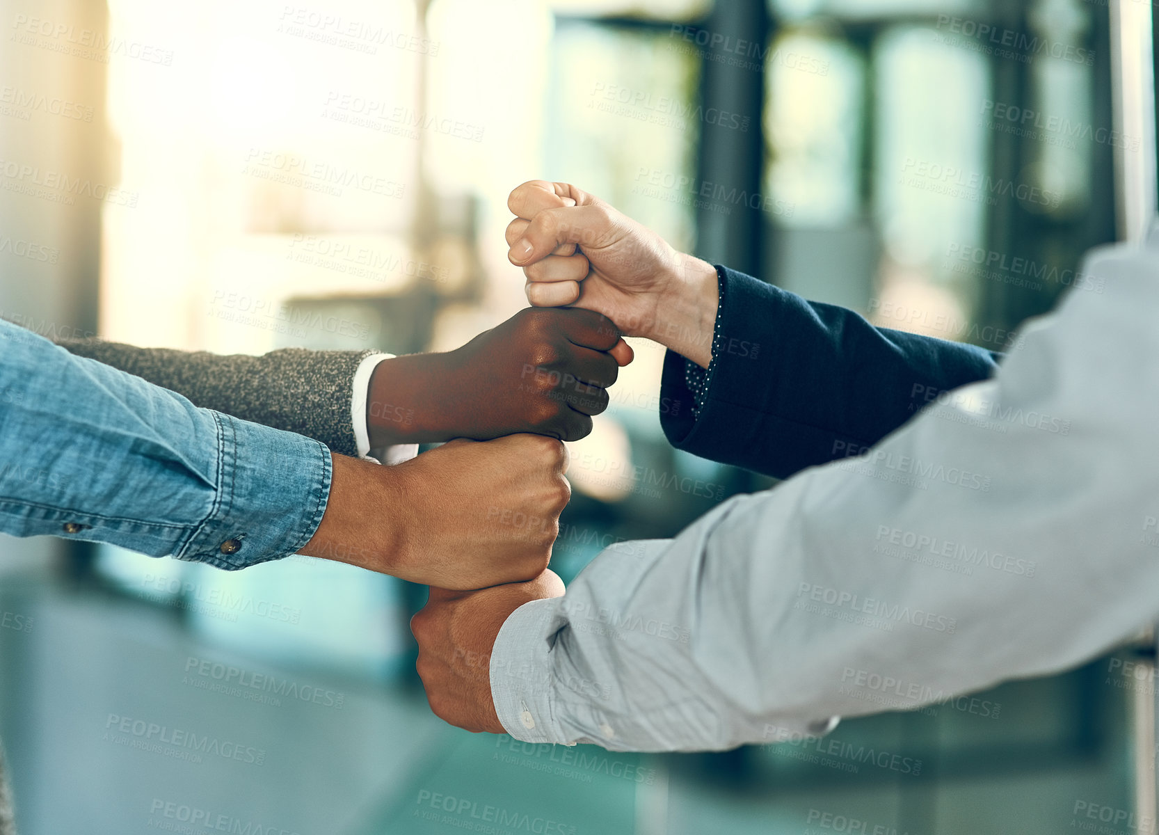 Buy stock photo Business people, fist and power in office for team building, inclusion and equality with motivation for project. Corporate job, employees and hands in collaboration for solidarity, support and stack