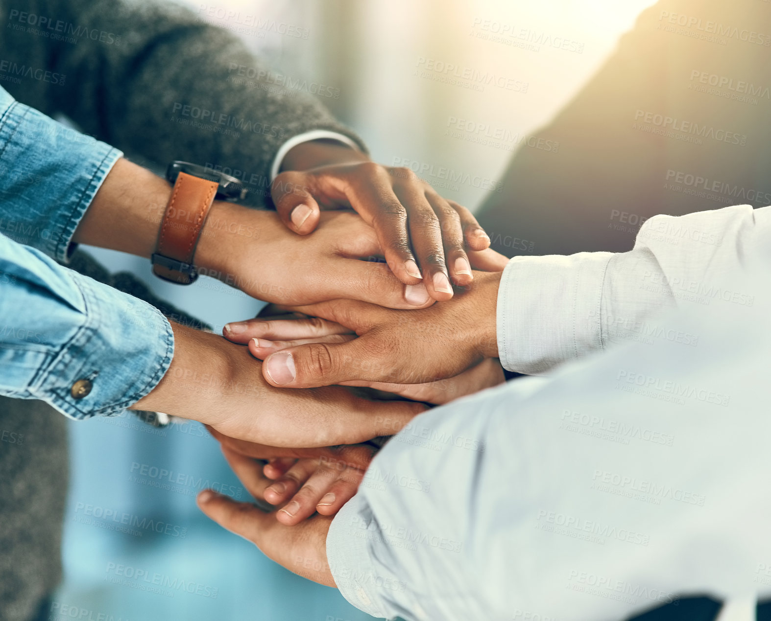 Buy stock photo Business people, hands and huddle in office for support, inclusion and equality with motivation for career. Corporate job, employees and stack in collaboration for solidarity, team building and goals