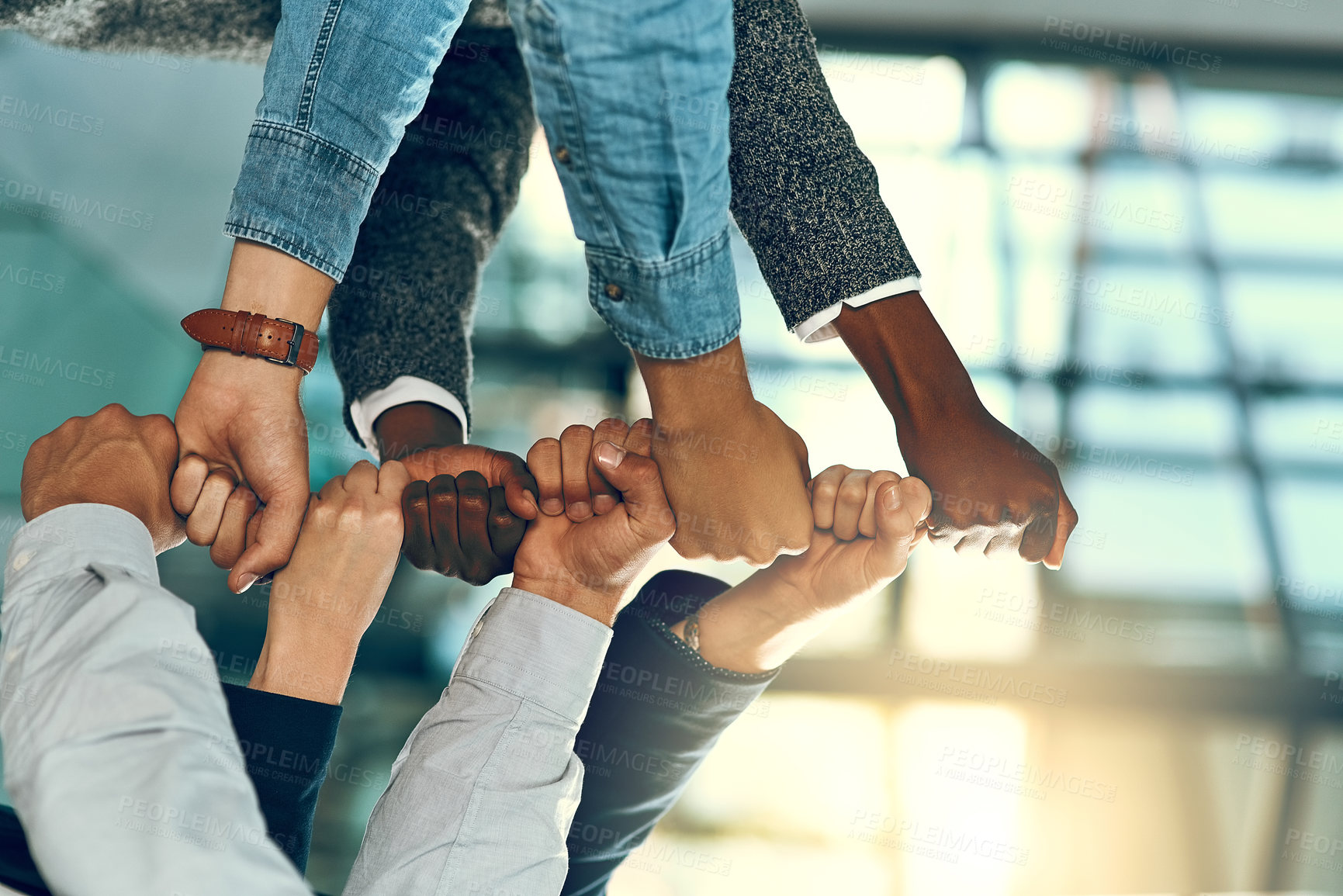 Buy stock photo Business people, fist and support in office for team building, inclusion and equality with motivation for project. Corporate, employees and hands in collaboration for solidarity, celebrate and flare