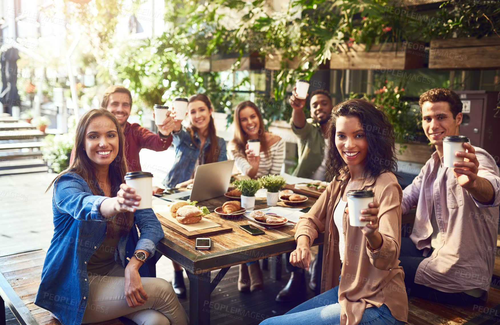 Buy stock photo Business meeting, team building portrait and people at cafe lunch planning, smile and sharing project ideas. Work friends, restaurant and cheers with brunch, meal and creative afternoon break