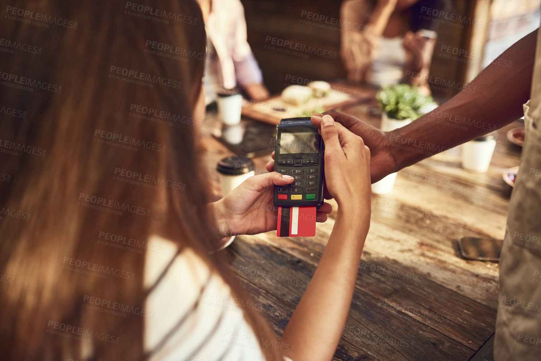 Buy stock photo Hands, credit card and woman at coffee shop for payment or online transaction on pos machine. Waiter, person and debit at restaurant service with customer for finance, purchase and banking at cafe