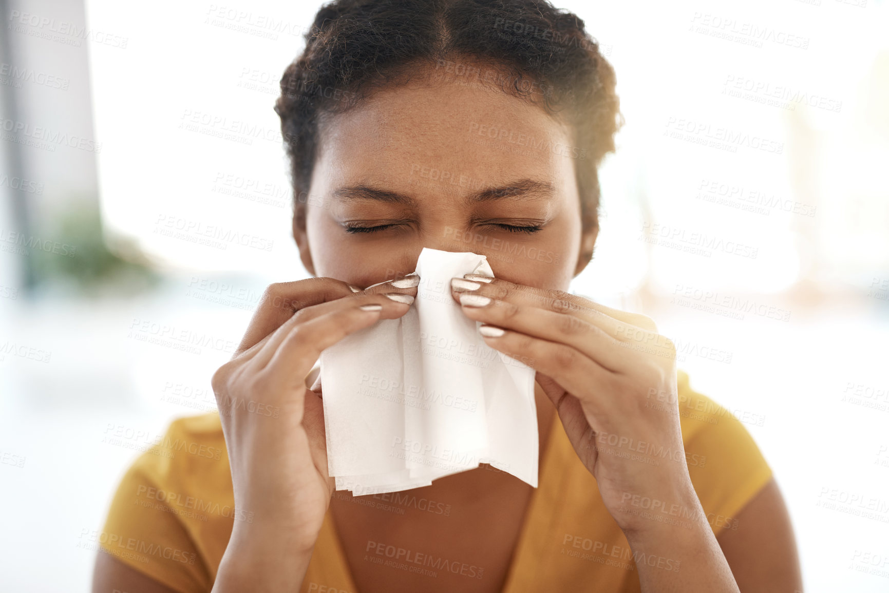 Buy stock photo Sneeze, woman and sick in office with tissue for illness, health risk and influenza virus. Business, administrator and runny nose with medical problem, sinus infection and hayfever for allergy season