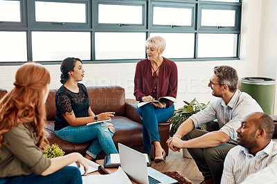 Buy stock photo Business people, creative meeting and teamwork for planning, collaboration or strategy at office. Group of employee workers in team discussion, project plan or brainstorming for startup at workplace