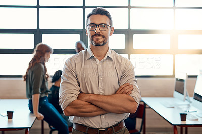 Buy stock photo Portrait of a confident mature businessman standing in a modern office with his colleagues in the background