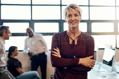Buy stock photo Portrait of a confident mature businesswoman standing in a modern office with her colleagues in the background