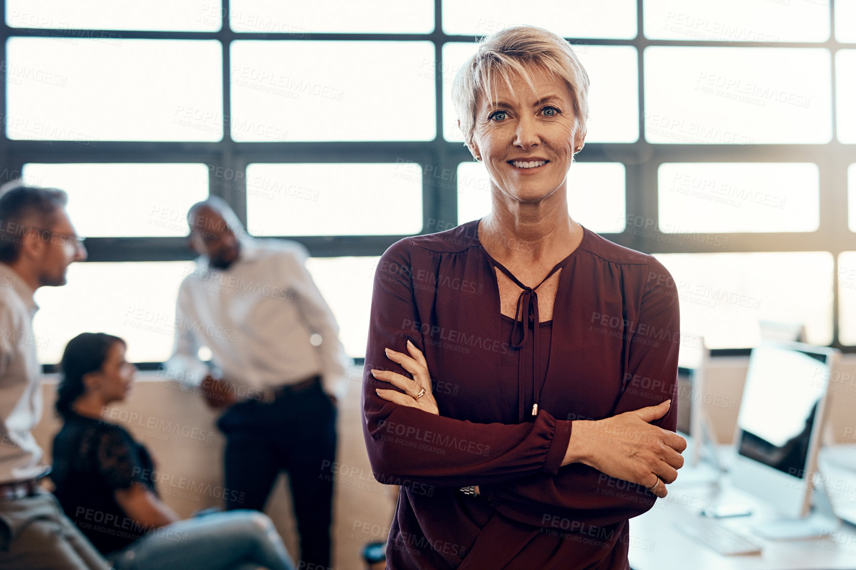 Buy stock photo Portrait of a confident mature businesswoman standing in a modern office with her colleagues in the background