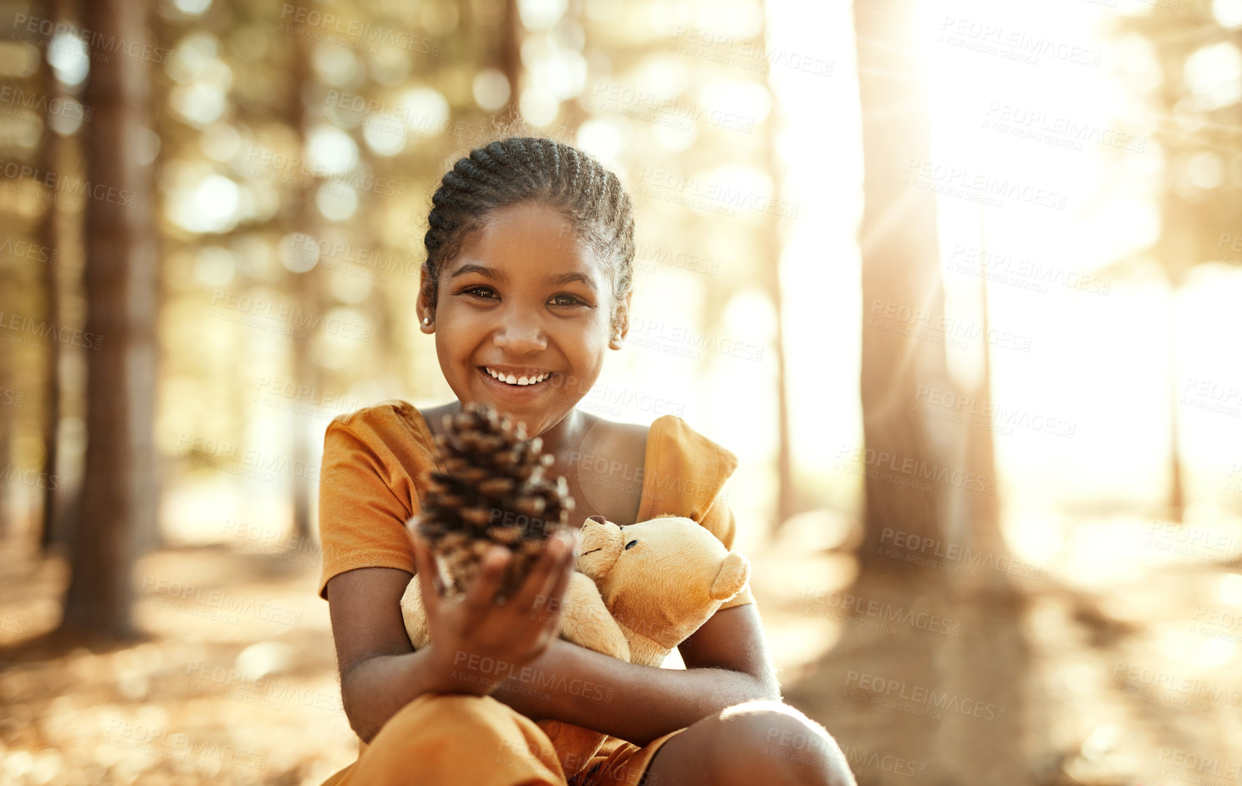 Buy stock photo Portrait, smile or child with teddy bear in nature for love, orphan or toy for support, therapy healing or playing. African girl, pine cone or stuffed animal with happiness, kid and donation gift