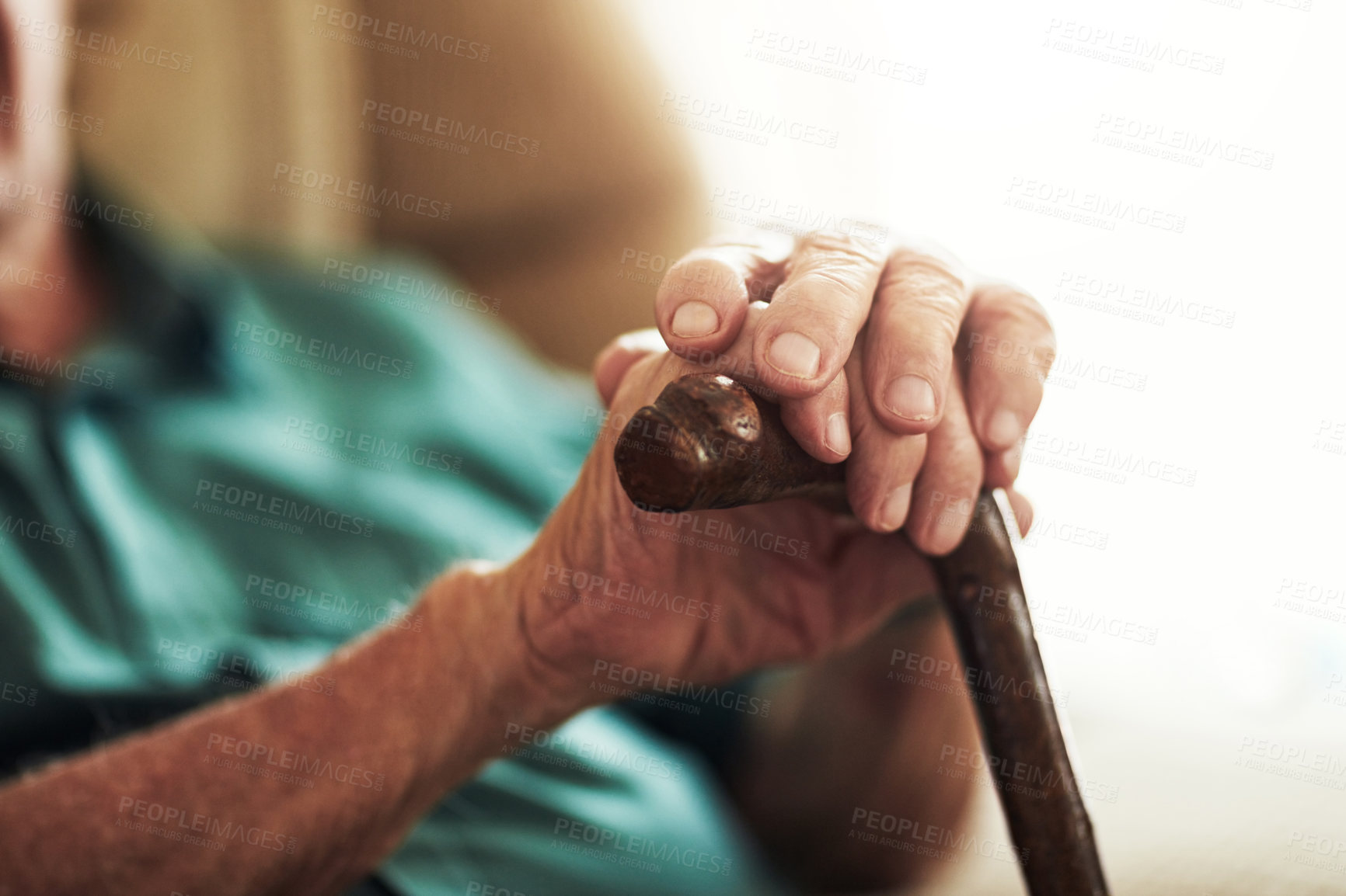 Buy stock photo Senior man, hands together and walking stick with cane for old age, osteoporosis or care in retirement home. Closeup of elderly, pensioner or male person with a disability for stability at house