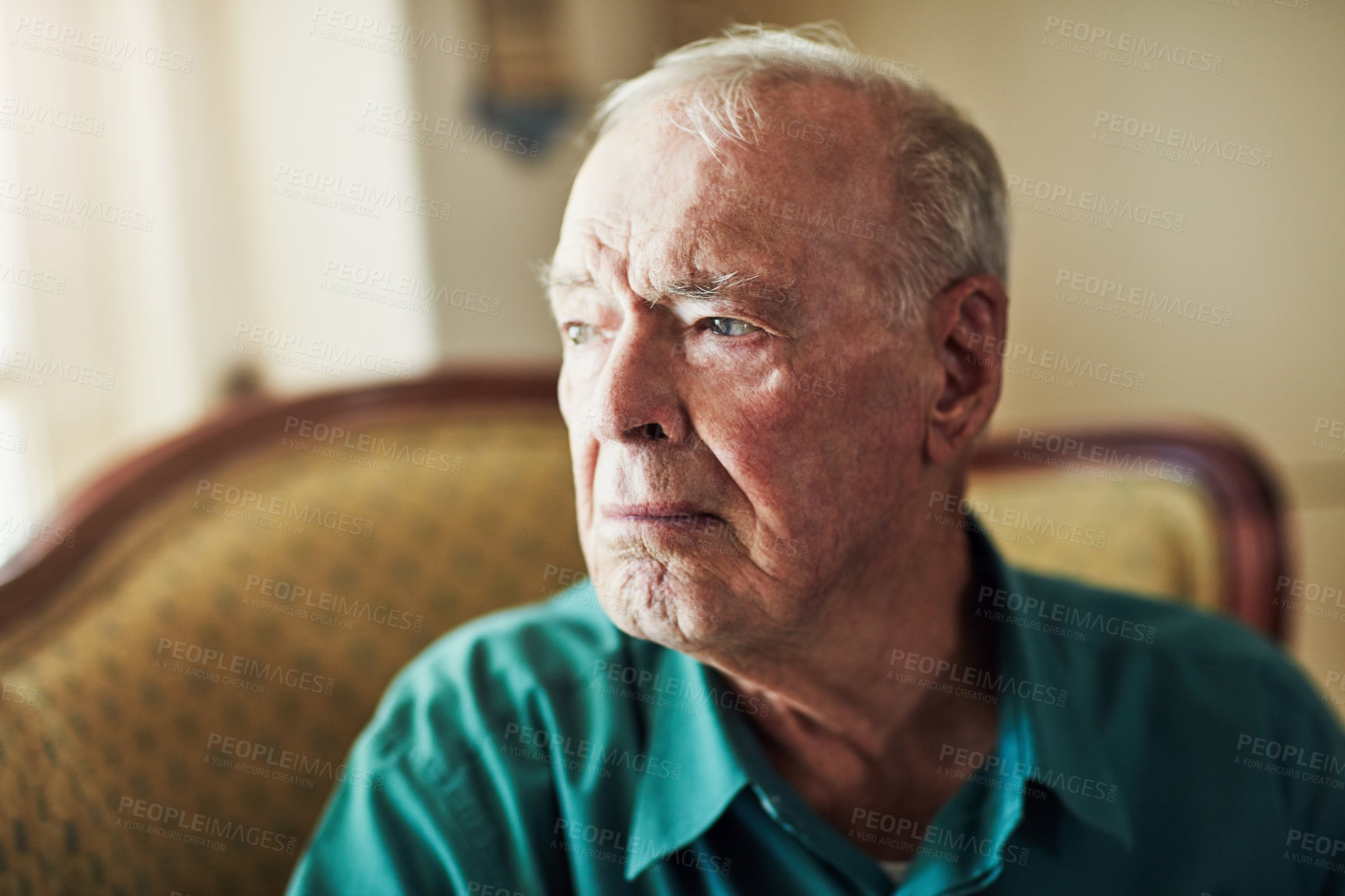 Buy stock photo Elderly, man and depression with thinking of grief in retirement home with remember, nostalgia and memory on sofa. Senior, person and lonely with alzheimers, sadness and thoughtful on couch in lounge