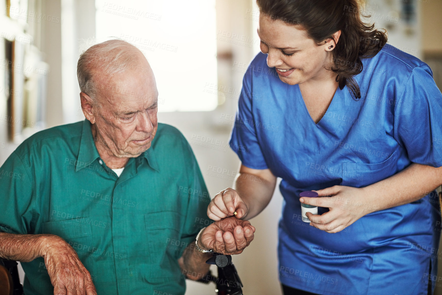 Buy stock photo Senior man, nurse and elderly care with pills, medication or prescription for daily dose or healthcare at old age home. Medical caregiver or woman volunteer giving tablets to person with a disability