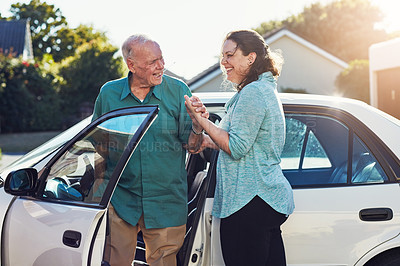 Buy stock photo Car, help and caregiver woman with old man for assisted living, retirement care and rehabilitation. Travel, transportation and female helping elderly male person from motor vehicle for health service
