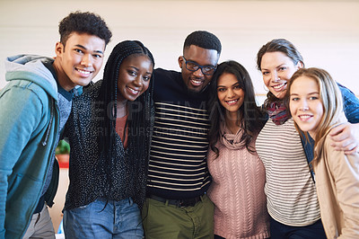 Buy stock photo Cropped portrait of a group of university students standing together
